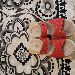 Ckarks Red Leather slip-on sandal. WIDE WIDTH